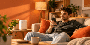 Mann surft auf dem Sofa mit Internet über einen 5G-Router