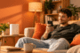 Mann surft auf dem Sofa mit Internet über einen 5G-Router