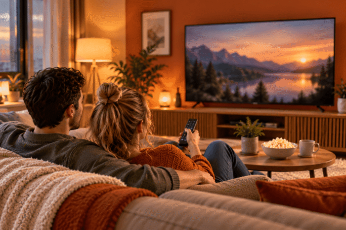 Paar streamt einen Film zu Hause mit Internet- und TV-Abo