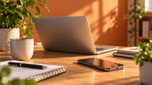 Smartphone und Laptop auf dem Schreibtisch – mobiles Internet unterwegs und zu Hause